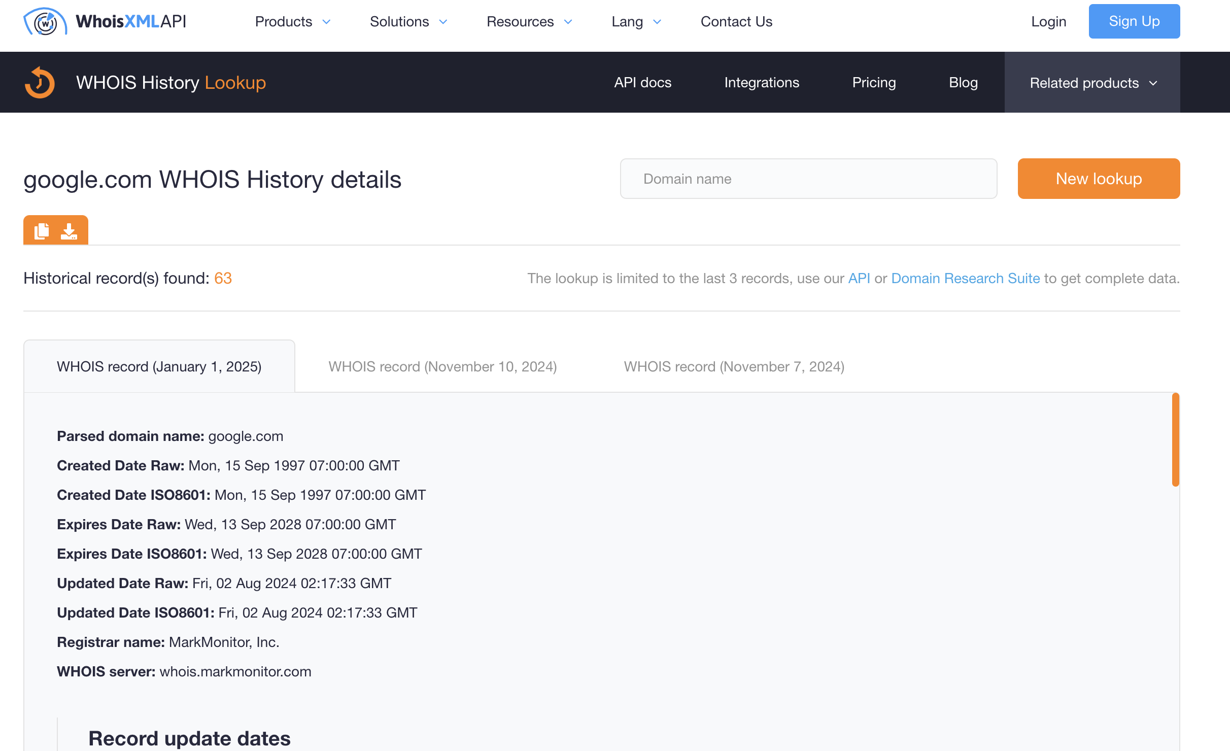 WHOISXMLAPI user interface